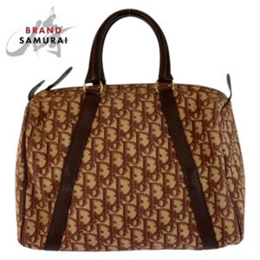 Christian Dior Trotter Red Beige Canvas Leather Handbag Boston Bag
